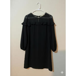 LOFT Black Long Sleeve Dress w/ Sheer Polka Dot & Ruffle Yoke EUC 4 Petite